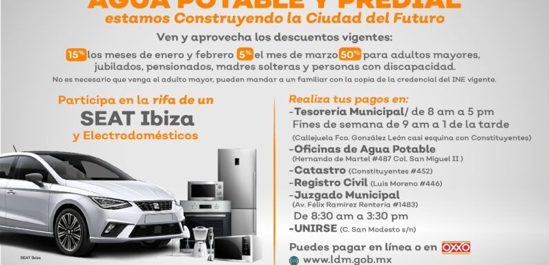 Aprovecha los descuentos que la  Tesorería Municipal tiene por pronto pago de tu agua y predial