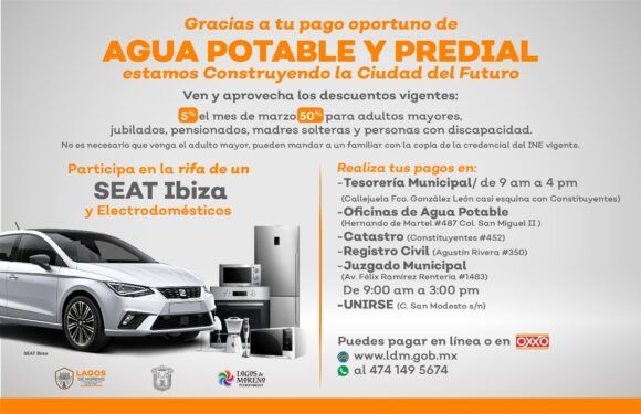 Aprovecha los descuentos vigentes en el pago de agua y predial y participa en la rifa de un auto