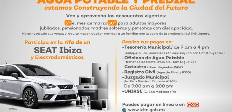 Aprovecha los descuentos vigentes en el pago de agua y predial y participa en la rifa de un auto