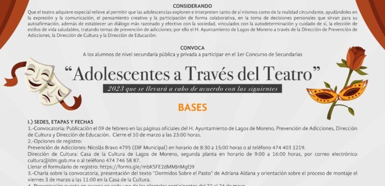 Invitan a escuelas secundarias a participar en el concurso “Adolescentes a través del teatro”